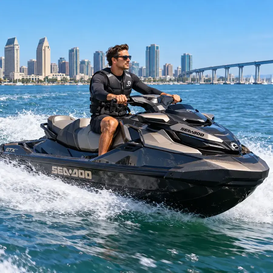 2026 Sea-Doo GTX jet ski riding on San Diego Bay